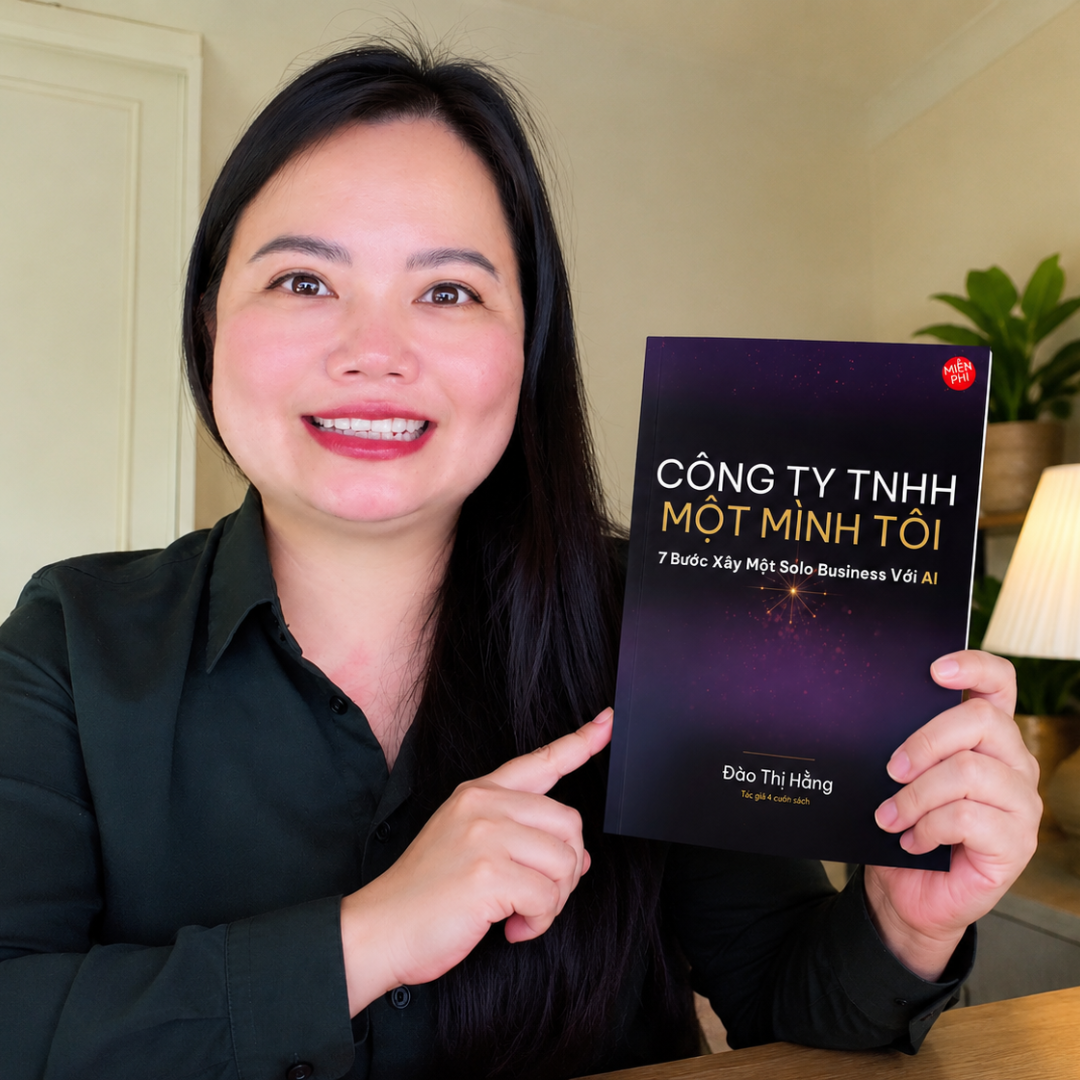 Đào Thị Hằng cầm sách Công Ty TNHH Một Mình Tôi, 7 Bước Xây Một Solo Business Với AI